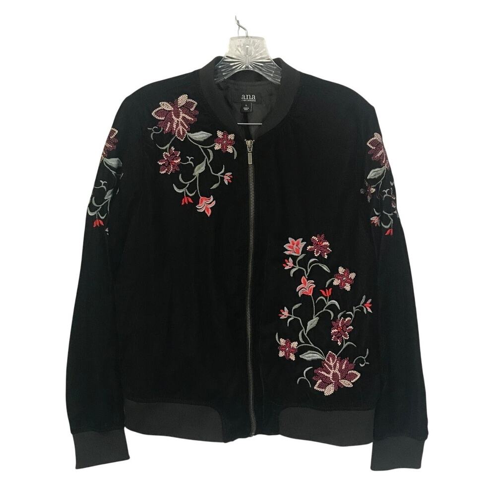 a.n.a Black Velvet Floral Embroidered Jacket Women Large Full Zip Boho Bomber L